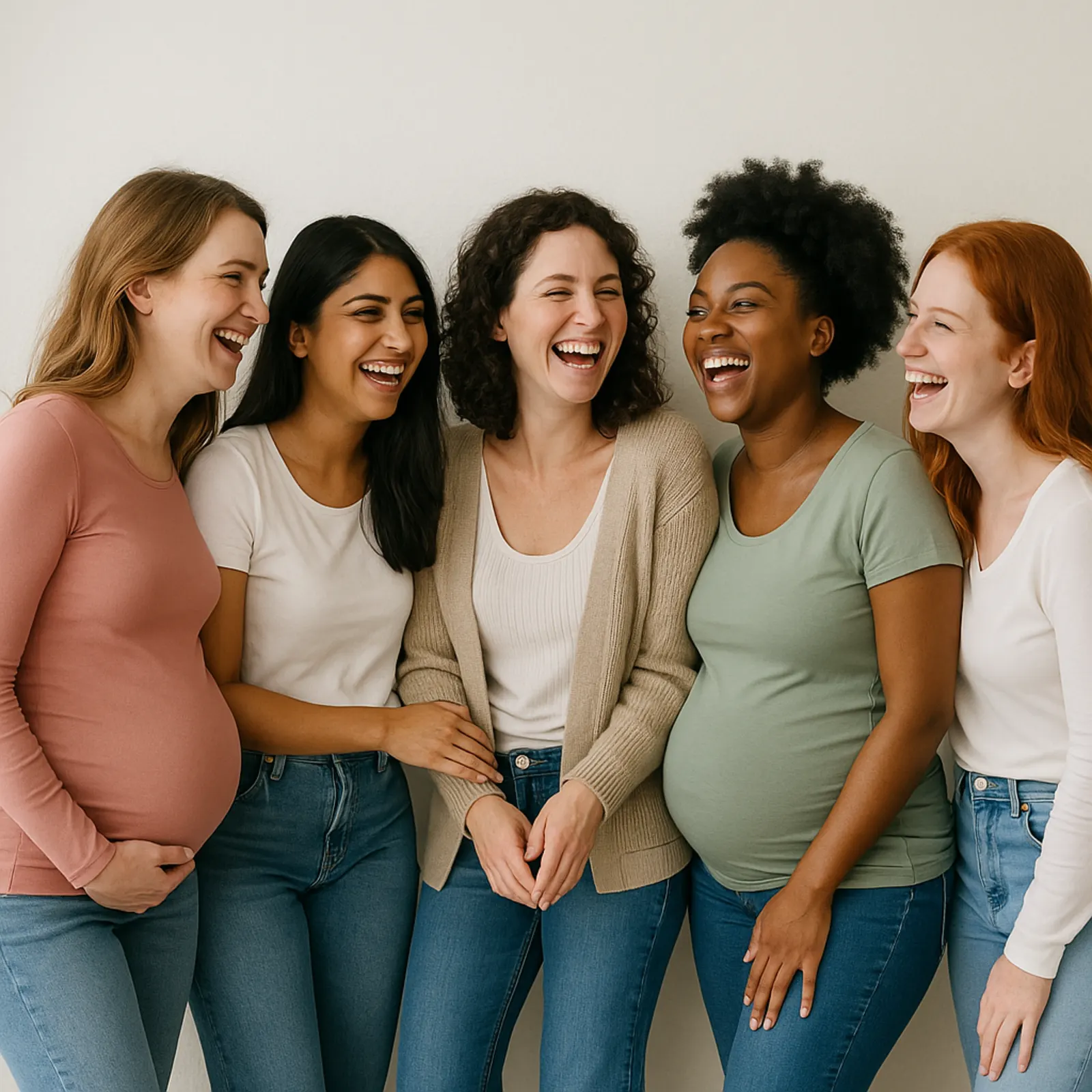 Diverse group of pregnant mothers laughing together